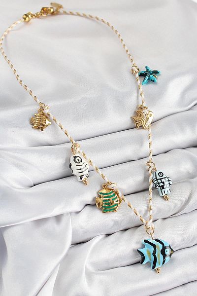 Celira Ceramic Motif Fish Figured Model Cream Thread Women's Necklace