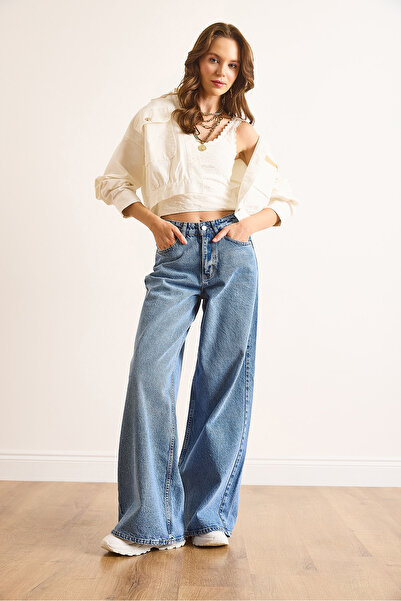 Olalook Blugi albaștri pentru femei cu talie joasă și picioare largi JEA-19000119