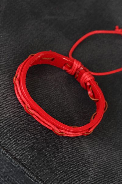 Celira Red Color Adjustable String Leather Men's Bracelet