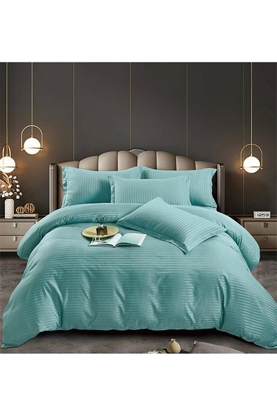 trendyhome Lenjerie de pat single 1 persoană, damasc fin, 4 piese, UNI, albastru deschis, J13210