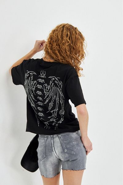 The Champ Clothing Women's Black Stone Embroidered Oversized T-Shirt – Skeleton Pattern, Rock Style, Streetwear