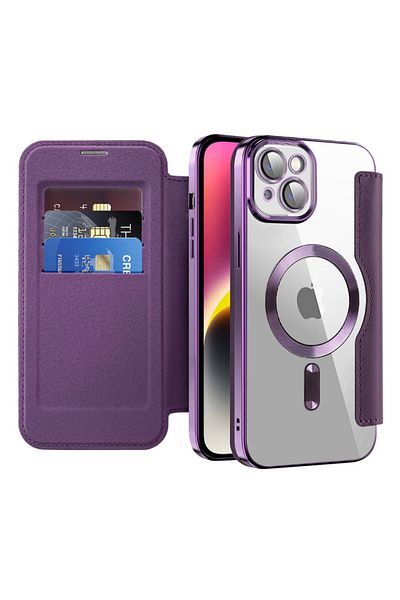 SKYDDAR INNOVATION Case for iPhone 14, SmartMag Book, Magsafe, RFiD, Card Holder, sticker set, Purple