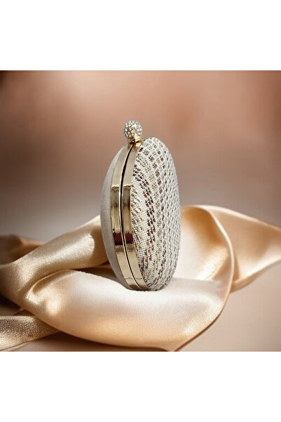 Telli Art Wire Broken Embroidered Evening Dress Bag - 14X22 Cm, Chain - Beige