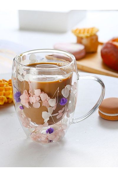 Bien Servi Decorated Flower Filling Elegant Design Double Wall Glass Coffee Mug 350 ml