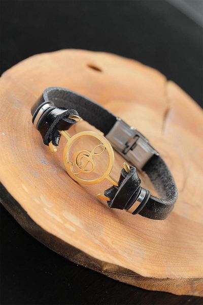Celira Gold Color Metal Left Switch Design Black Color Leather Men's Bracelet