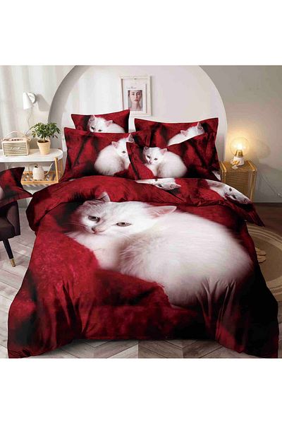trendyhome Bedding with ELASTIC, Single Bed, 4 Pieces, Fine Cotton, Cat, White/Red, J24332-ELASTIC
