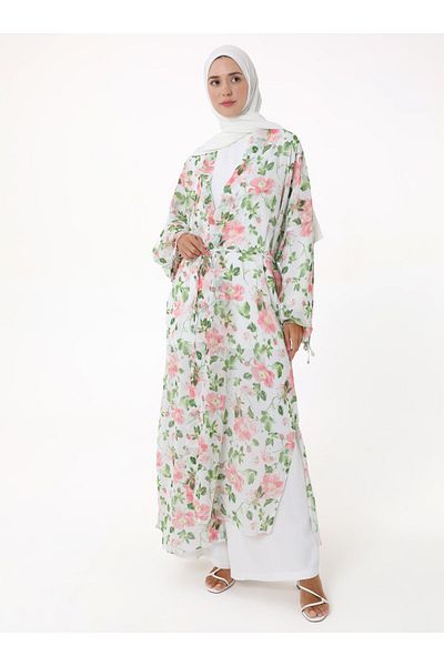 Refka Printed Chiffon Kimono - Pink Patterned-