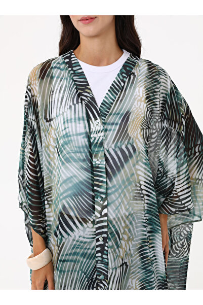 Refka Patterned Chiffon Kimono - Khaki Patterned-
