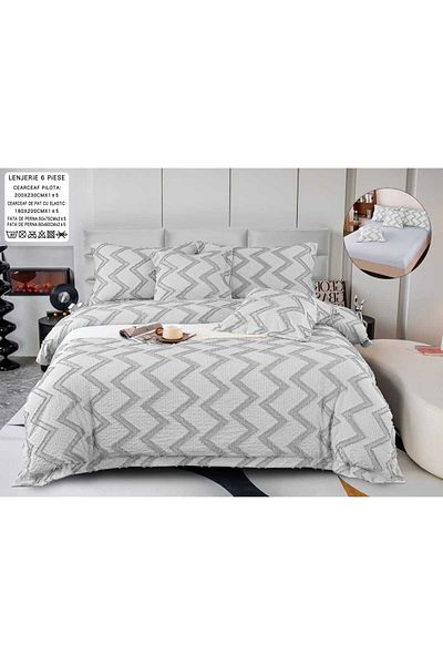 trendyhome Bed Linen, Fine Cotton, IN Wide Grosgrain, 6 Pieces, Lines, Gray, P23677-Elastic