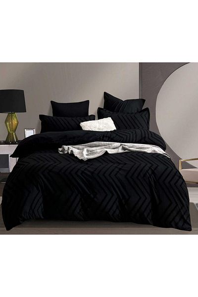 trendyhome Bed Linen, Velvet Jacquard, Grosgrain, 6 Pieces, Lines, Black, HR24270