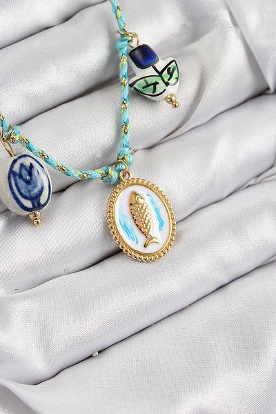 Celira Ceramic Motif Fish Figured Model Blue Rope Women's Necklace