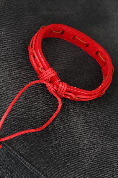 Celira Red Color Adjustable String Leather Men's Bracelet