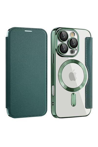 SKYDDAR INNOVATION Case for iPhone 16 Pro Max, SmartMag Book, Magsafe, RFiD, Card Holder, sticker set, Green