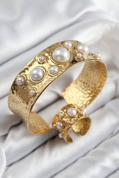 Celira Brass Pearl Model Gold Color Bracelet Ring Set