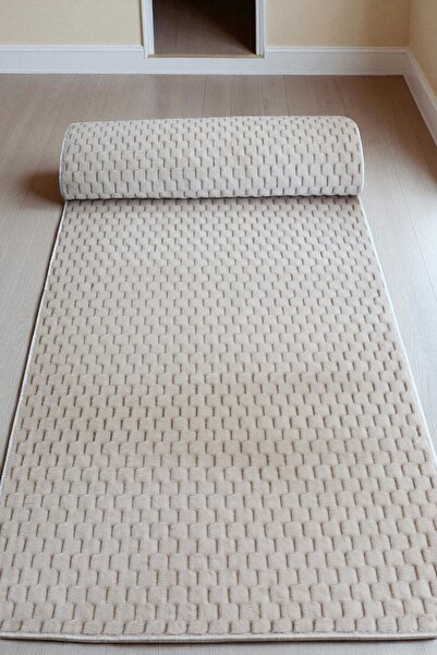 SoftNest Aksu Berlin Kaymaz Tabanlı Kesme Kabartmalı Salon Koridor Mutfak Yıkanabilir Hali bej