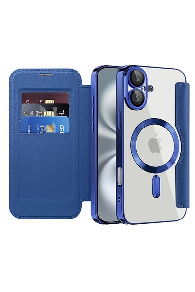 SKYDDAR INNOVATION Case for iPhone 16, SmartMag Book, Magsafe, RFiD, Card Holder, sticker set, Blue
