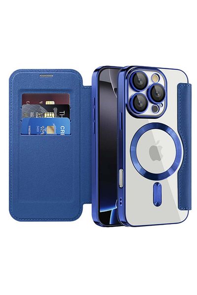 SKYDDAR INNOVATION Case for iPhone 16 Pro Max, SmartMag Book, Magsafe, RFiD, Card Holder, sticker set, Blue