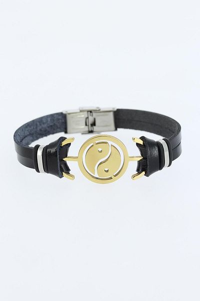 Celira Black Color Leather Men's Bracelet with Gold Color Yin Yang Figure and Metal Accessories