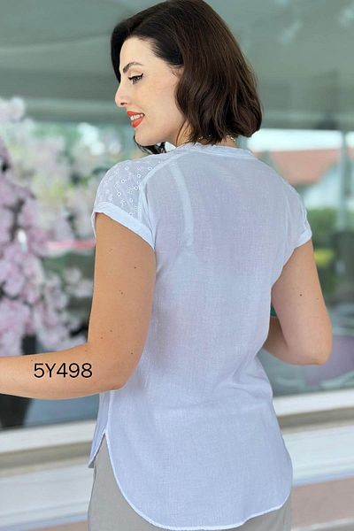 İnce Topuk Shoulder Pocket Embroidered Voile Cotton Linen Blouse 5Y498