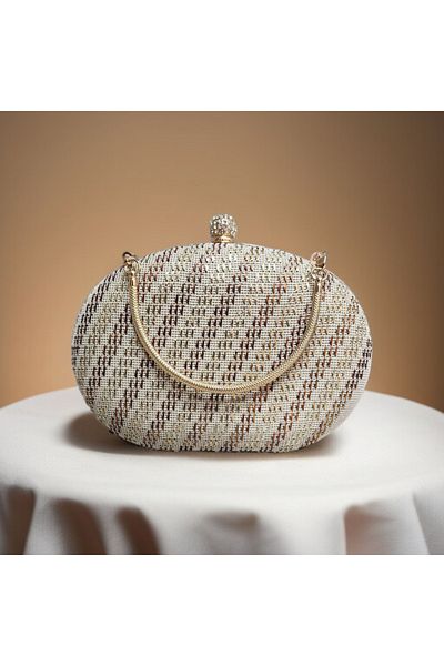 Telli Art Wire Broken Embroidered Evening Dress Bag - 14X22 Cm, Chain - Beige
