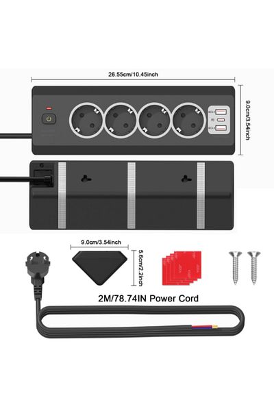 Adsinio Priză de colț, Adsinio, 4 prize Schuko, 2 porturi USB-A, 1 port USB-C, 220-240V, 16A, Negru