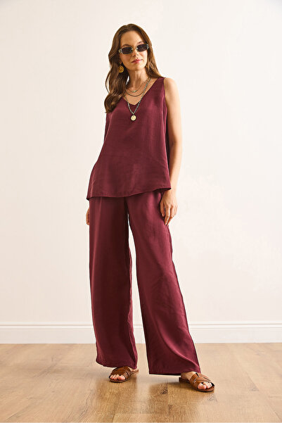 Olalook Women's Burgundy Top V-Neck Bell Blouse Bottom Pocket Pants Soft Texture Suit Tkm-19000413