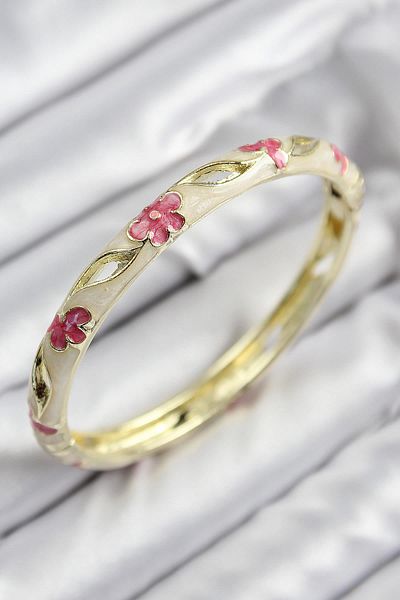 Celira Gold Color Women's Handcuffs with Enamel Brass Flower Motif
