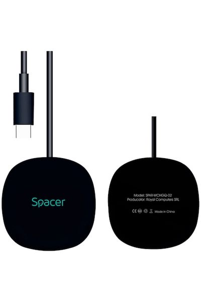 Spacer Încărcător wireless cu încărcare rapidă Qi de 15W cu conector Type-C, suport magnetic, negru