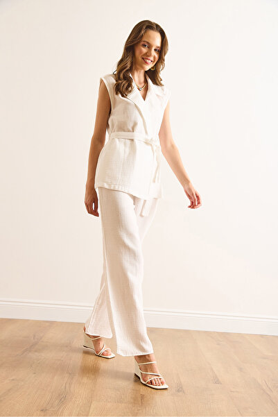 Olalook Women's White Vest and Trousers Muslin Suit Tkm-19000409