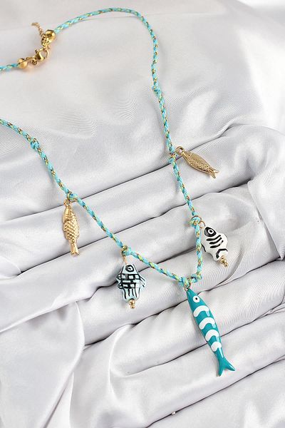 Celira Ceramic Motif Fish Figured Model Blue Rope Women's Necklace