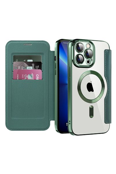 SKYDDAR INNOVATION Case for iPhone 13 Pro Max, SmartMag Book, Magsafe, RFiD, Card Holder, sticker set, Green