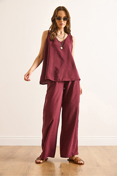 Olalook Women's Burgundy Top V-Neck Bell Blouse Bottom Pocket Pants Soft Texture Suit Tkm-19000413