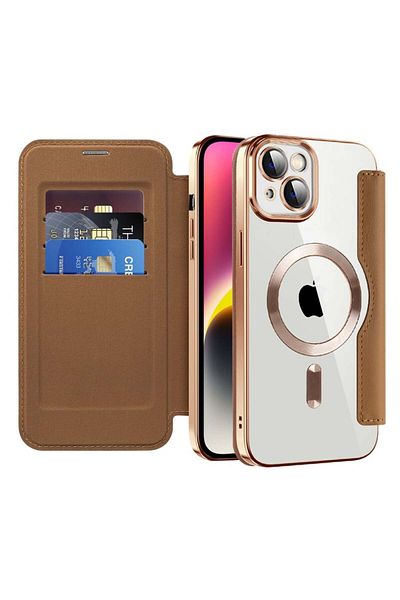 SKYDDAR INNOVATION Case for iPhone 14, SmartMag Book, Magsafe, RFiD, Card Holder, sticker set, Brown