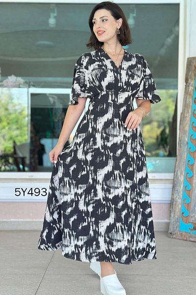 İnce Topuk Double Breasted Collar Linen Dress 5Y493