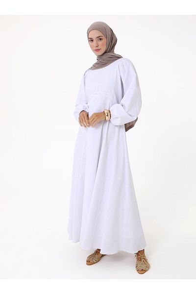 Refka 100% Cotton Fabric Balloon Sleeve Lined Hijab Dress - White - Exclusive