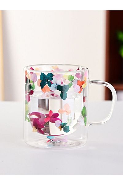 Bien Servi Decorated Flower Filling Elegant Design Double Wall Glass Coffee Mug 250 ml