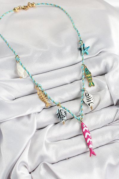 Celira Ceramic Motif Pink Fish Figured Model Blue Rope Women's Necklace