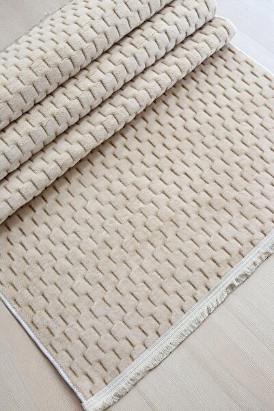 SoftNest Berlin Kaymaz Tabanlı Kesme Kabartmalı Salon Koridor Mutfak Yıkanabilir Hali Bej