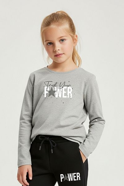 FYK KİDS Round Neck Power Printed Girl's Bottom-Top Set