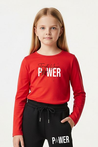 FYK KİDS Round Neck Power Printed Girl's Bottom-Top Set