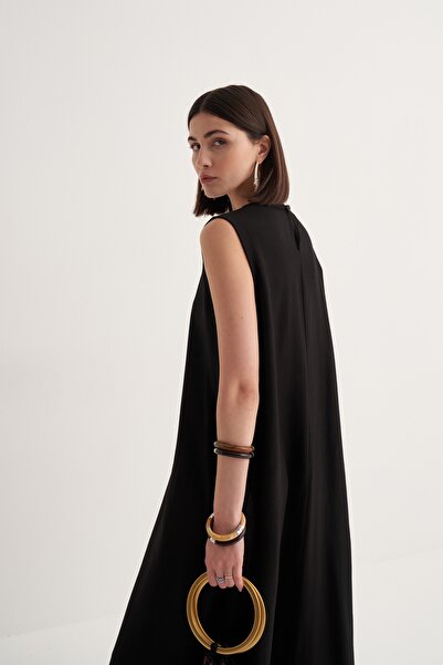 EBU Prive Γυναικείο φόρεμα Cupra από βαμβακερό ντραπέ με μηδενικό μανίκι μαύρο