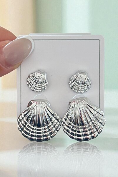 TAKIŞTIR Gümüş Renk Deniz Kabuğu Figürlü Küpe Set