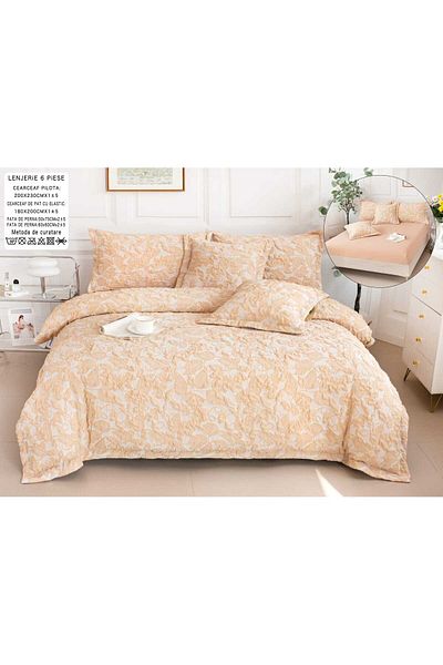 trendyhome Bed Linen, Fine Cotton, IN Grofat Latos, 6 Pieces, Leaves, Peach, P23667-Elastic