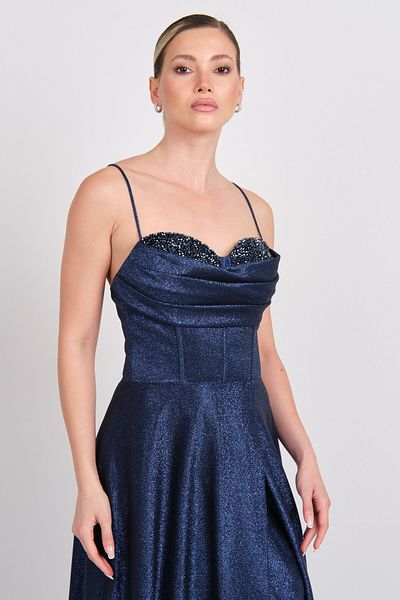 Hvit Vera Women's Stone Embroidered Strap Maxi Evening Dress 5772 Navy Blue
