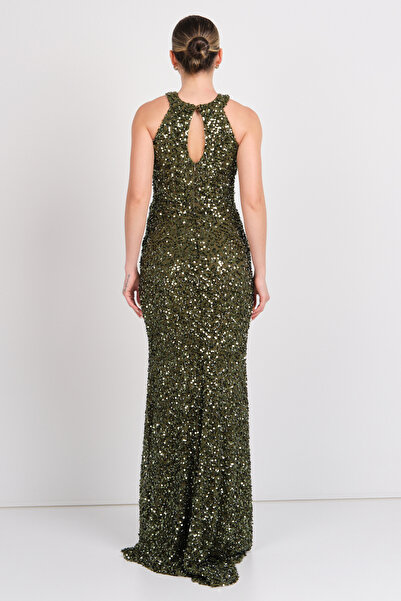 renk abiye Έγχρωμο Γυναικείο Κολάρα Πλήρες Παγιέτες Maxi Βραδινό Φόρεμα 5284 Χακί