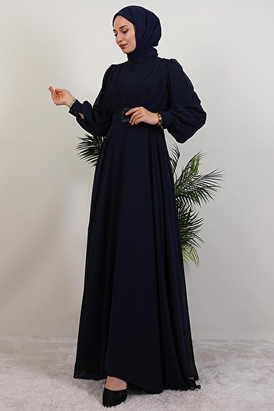 GİYZAMİLA Tuğba Chiffon Dress Navy Blue