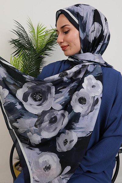 GİYZAMİLA Large Flower Pattern Shawl Navy Blue