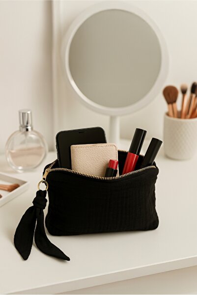 Elvya حقيبة مكياج طبيعية مبطنة بالموسلين – منظم مستحضرات التجميل 20x15 سم - Z...