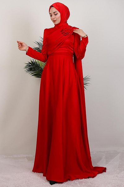 GİYZAMİLA Alaz Satin Rose Evening Dress Red
