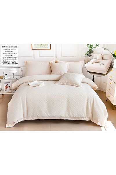 trendyhome Bed Linen, Fine Cotton, IN Wide Grosgrain, 6 Pieces, Lines, Cream, P23664-Elastic